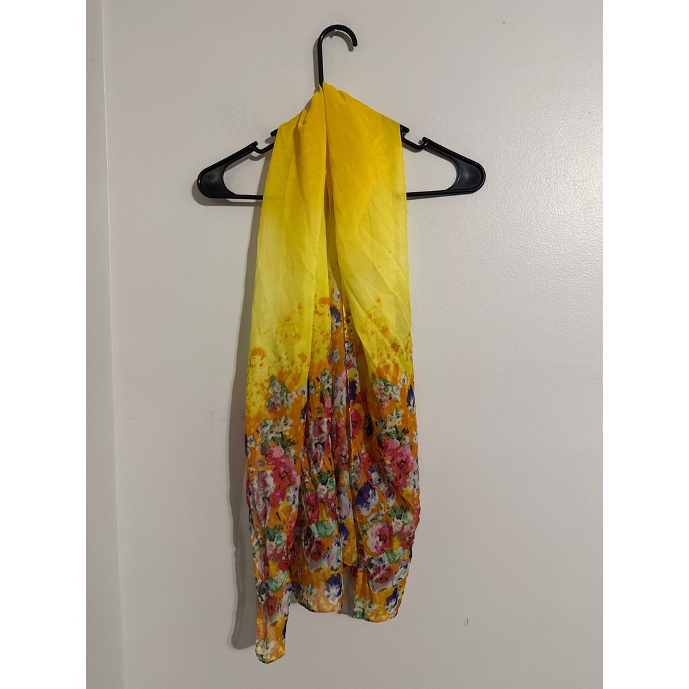 Kafeiya Yellow Orange Floral Print Lightweight Sheer Scarf Accessory